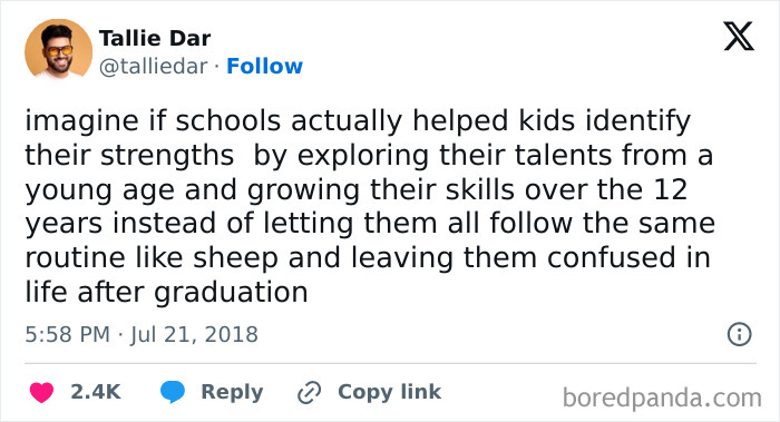 Tweet about schools helping kids explore strengths and talents, related to college memes for students running on hope and energy drinks.