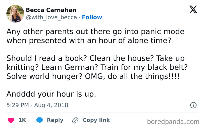 Tweet about parents humorously panicking over free time, illustrating relatable memes for parents managing chaos at home.