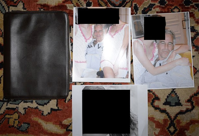 Photographs and black leather case on patterned carpet showing chilling toddler's foot beside Epstein in newly exposed files.