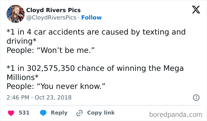 Screenshot of a humorous tweet highlighting statistical odds, featured in hilarious memes to ease stress.