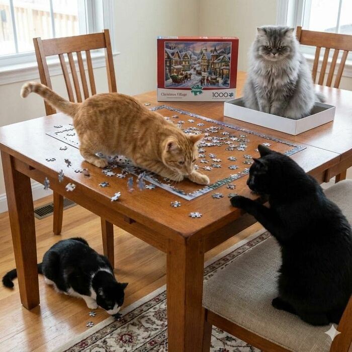 Four cats disrupting a puzzle on a wooden table, showcasing typical cat owners caught with pets behaving like jerks.