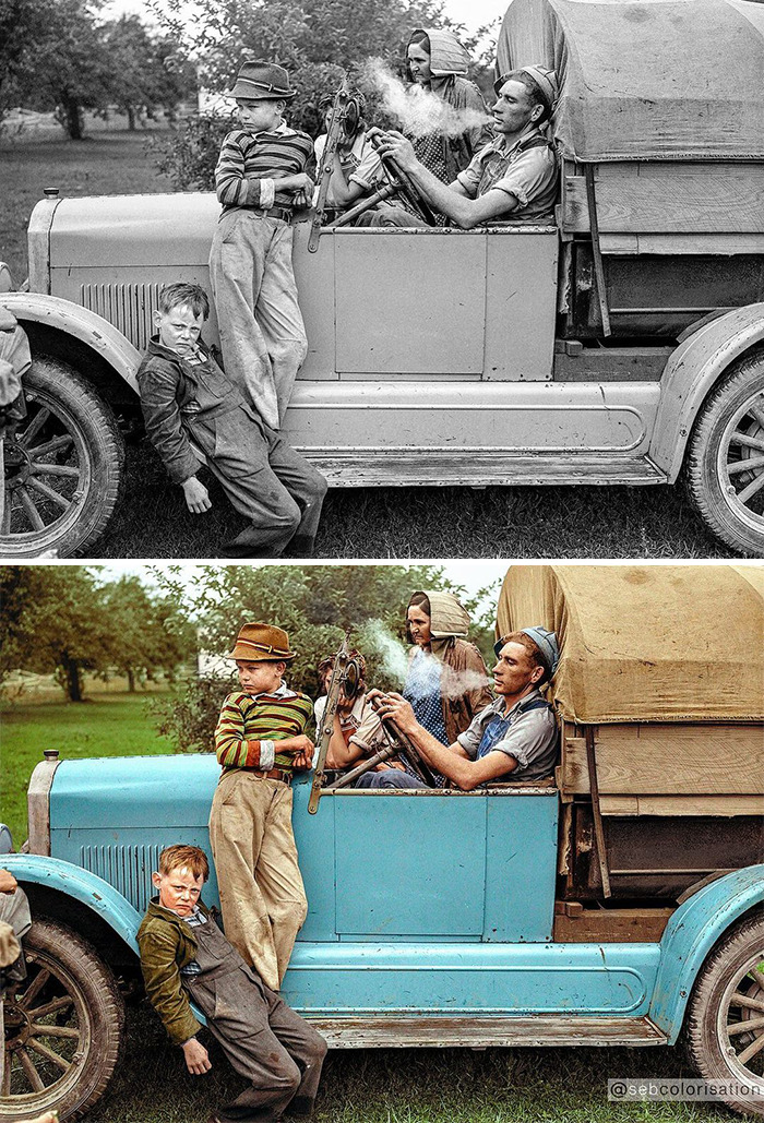 Vintage family in a blue old truck, showing the impact of artist colorizing old photos on history perception.