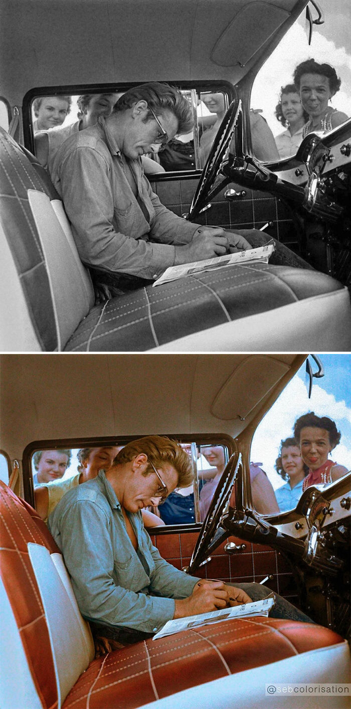 Black and white photo colorized showing a man writing in a car with women smiling outside, showcasing artist colorizes old photos.