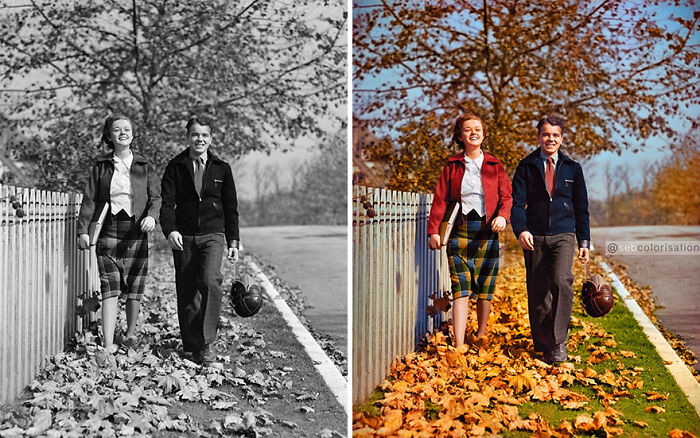 Side-by-side old photo before and after colorization showing a couple walking along a leaf-covered path in autumn.