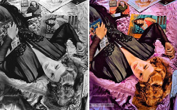 Side-by-side comparison of an old black and white photo and its colorized version by artist colorizing old photos.