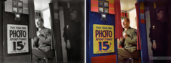 Side-by-side comparison of an old black-and-white photo and a colorized version showing a soldier in a photo booth.