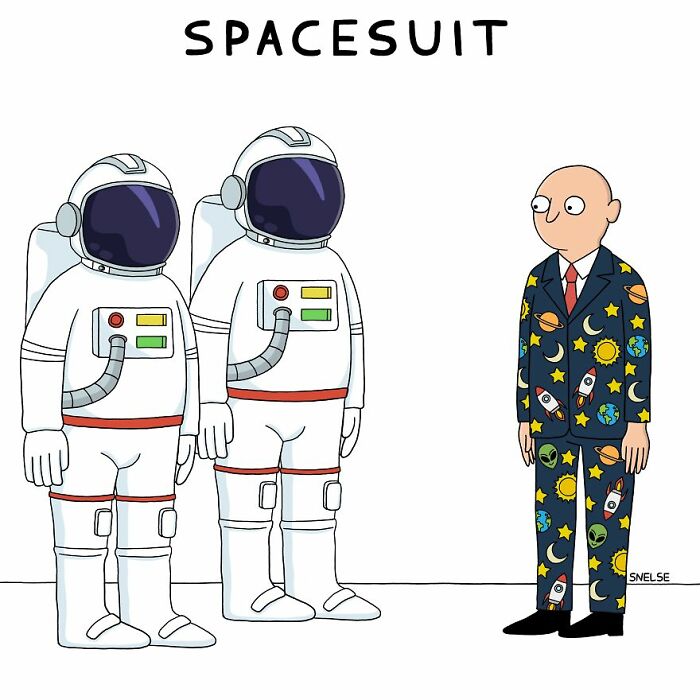 Cartoon illustration showing two astronauts in spacesuits next to a man wearing a colorful space-themed suit comic style.