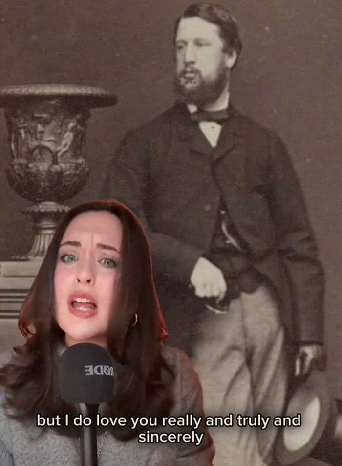 Woman reading a letter from the worst Victorian boyfriend with historical image behind her, discussing behavior patterns.