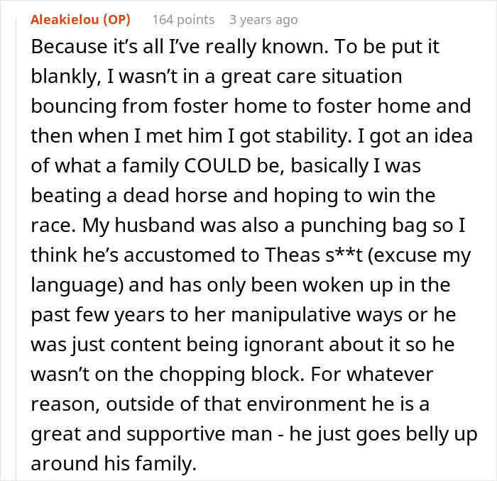 A Reddit comment explaining 10 years of repressed rage and family struggles involving a mother-in-law.