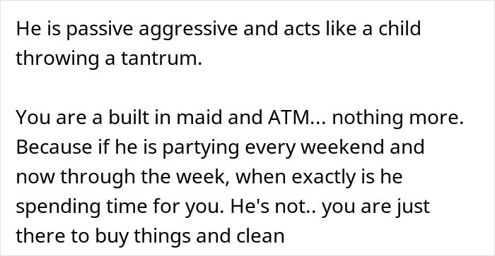 Text excerpt discussing frustration with passive aggressive behavior and issues around boys&rsquo; nights at their house.