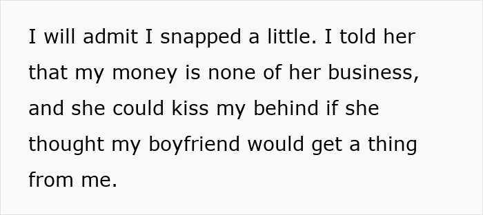 Text excerpt about entitled mother and expenses split between son and girlfriend, expressing frustration.