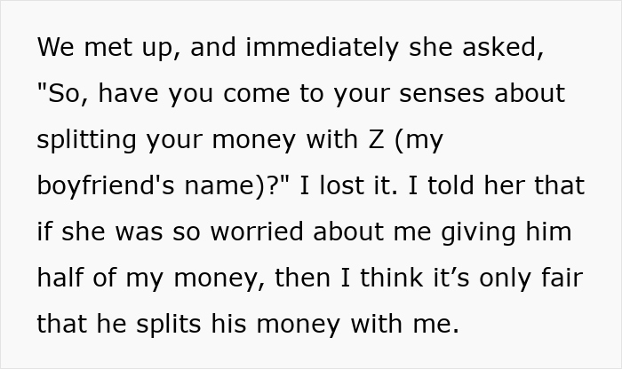 Woman frustrated over entitled mother expecting expenses to be split between son and girlfriend in a conversation about money.