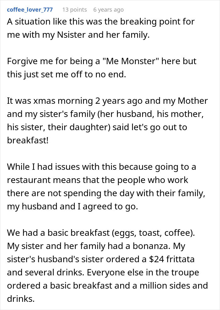 Reddit user shares story of brother making bil pay dinner during family breakfast on Christmas morning.