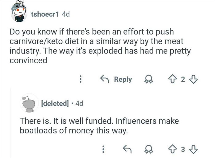 Reddit conversation discussing efforts to discredit veganism online and promote keto and carnivore diets.