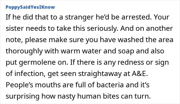 Comment warning about serious risks of Christmas nanny kid bite and advice on infection prevention.