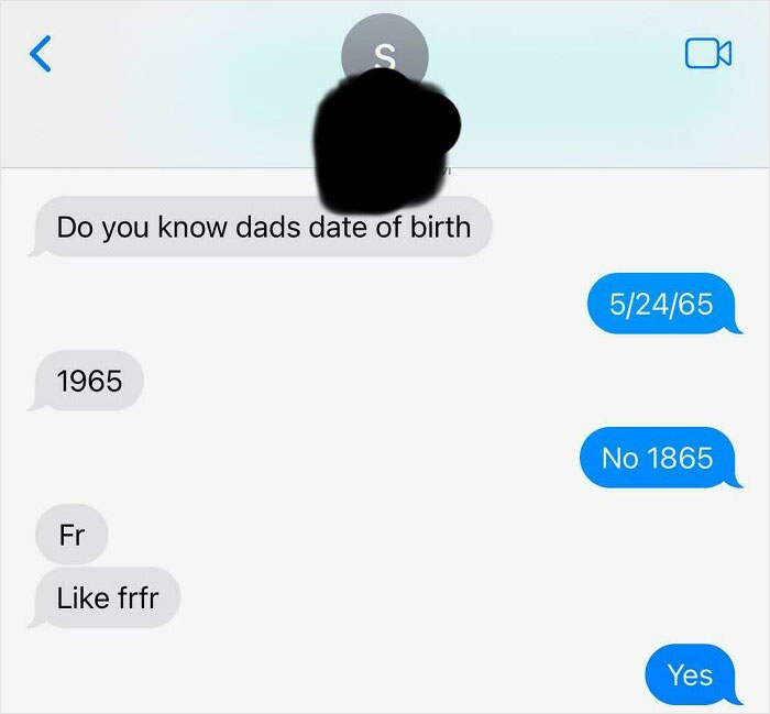 Hilarious text conversation where someone jokes about a dad’s date of birth by mixing up years.