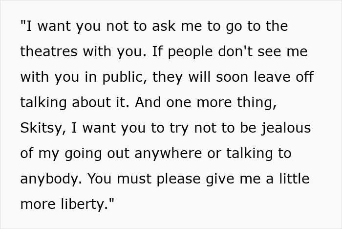 Victorian boyfriend letter demanding liberty and no jealousy, revealing controlling behavior in historic relationship.