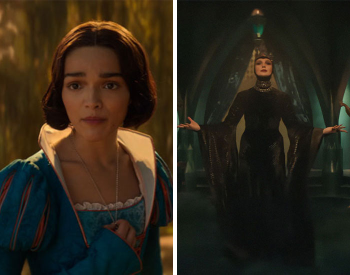 Two female celebrities in contrasting costumes, highlighting dramatic moments in celebrity scandals and fighting to save the marriage.