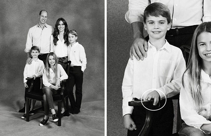 Family portrait of celebrities in black and white with a bizarre detail highlighted on the young boy’s hand.