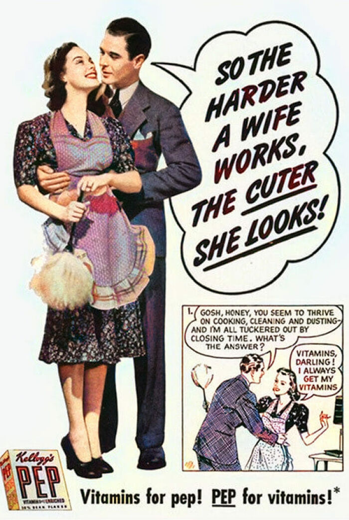 Vintage ad showing a couple promoting vitamins with a focus on marketing strategies from the past.