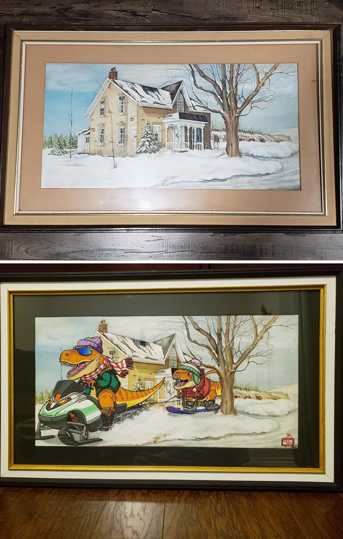 Before and after images of a personalized thrifted painting featuring dinosaurs added in something funny or unexpected.