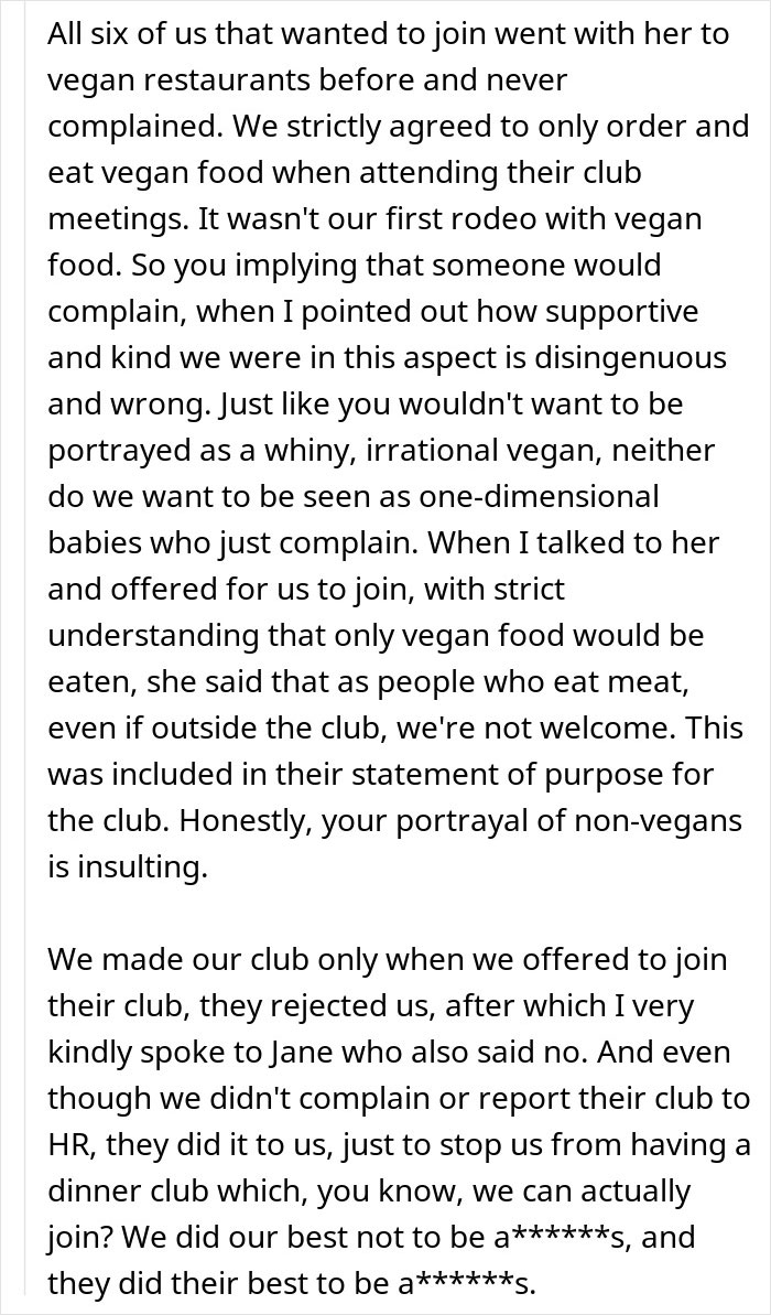 Text excerpt showing an employee pushing back against a vegan-only club and starting beef in a workplace debate.