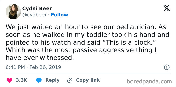 Tweet by Cydni Beer about a toddler’s passive aggressive comment during a pediatrician's appointment, relatable parent meme.