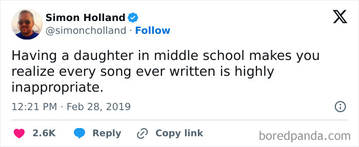 Tweet from Simon Holland sharing a relatable and hilarious meme for parents about middle school challenges and inappropriate songs.