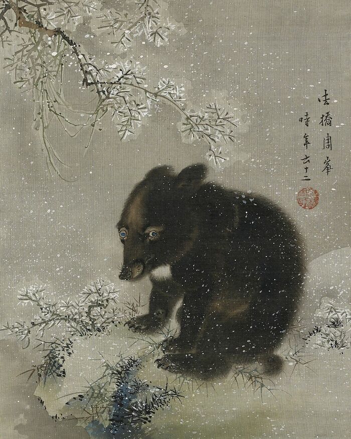 Vintage painting of a bear cub in snowy landscape, capturing emotion and culture from powerful old photos of the past.