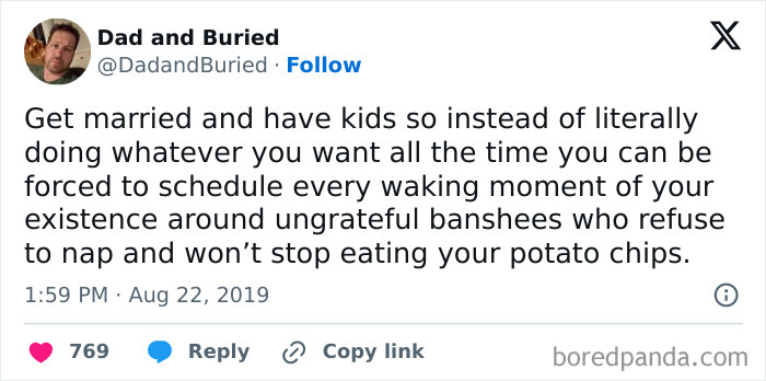 Tweet from Dad and Buried humorously describing the chaos of parenting with kids refusing naps in relatable memes for parents.