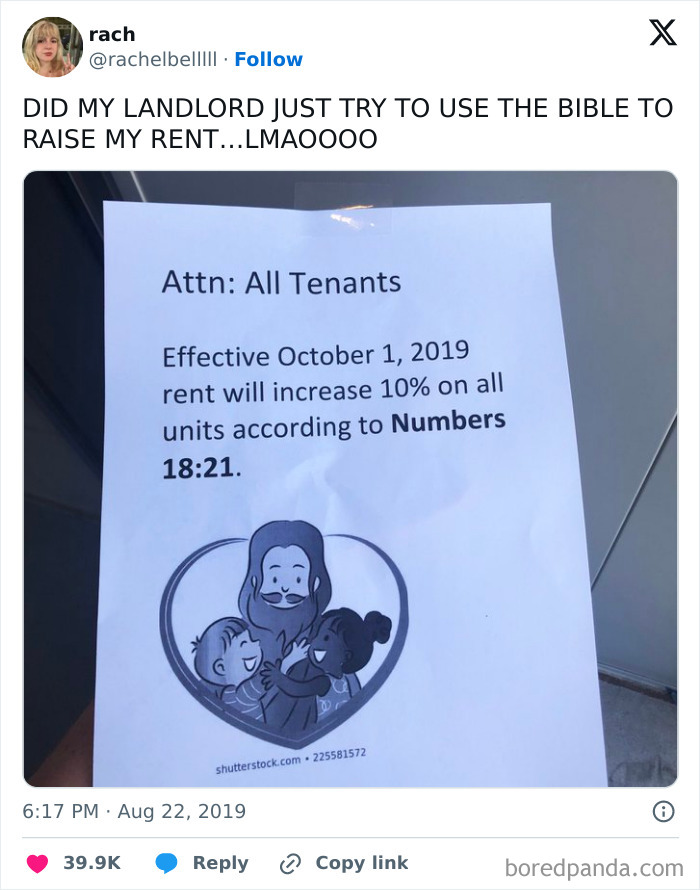 Landlord’s rent increase notice cites Bible verse humorously, highlighting rental nightmares where landlords cut corners and got exposed.
