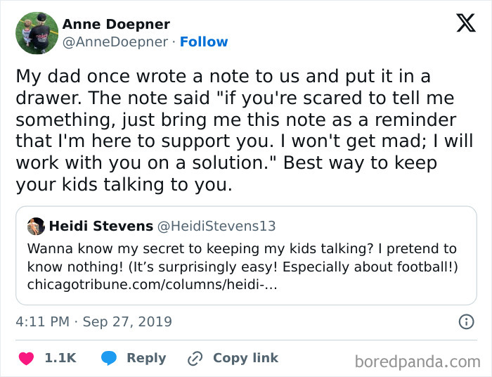 Tweet showing a dad’s supportive note encouraging open communication, reflecting wholesome dad moments and parenting humor.