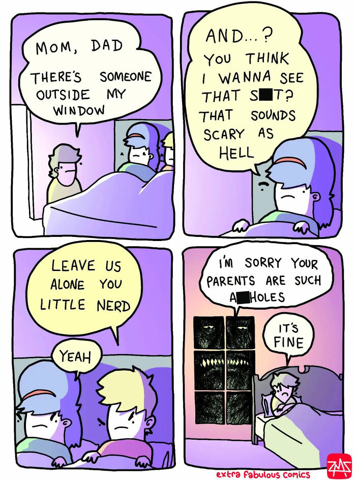 Dark humor comic from Extra Fabulous Comics showing a child talking about someone outside their window with unexpected ending.