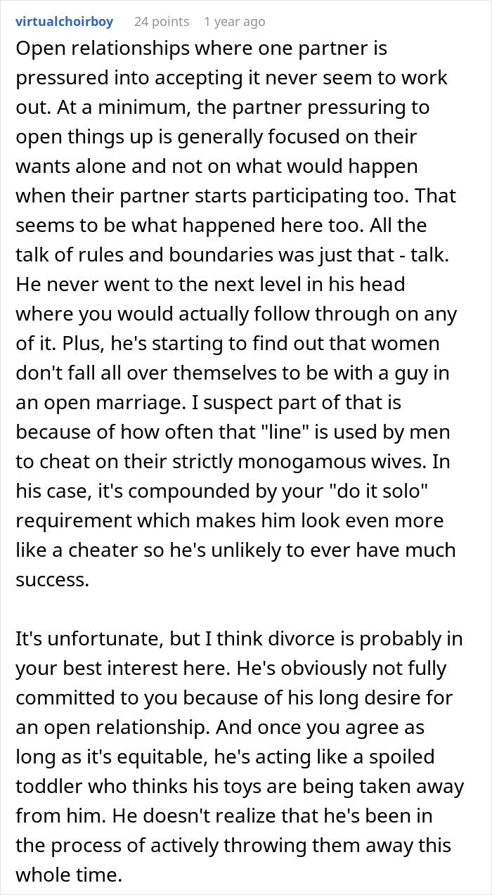 Comment text discussing challenges a man faces pushing for open marriage, feeling insecure and unable to handle it. Comment text discussing challenges a man faces pushing for open marriage, feeling insecure and unable to handle it.