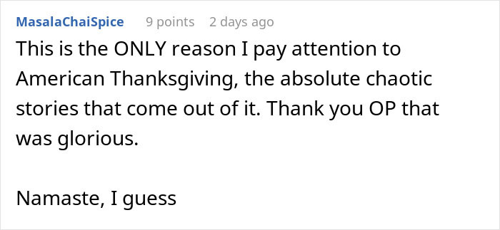 Comment about chaotic Thanksgiving story involving sister&rsquo;s barefoot spiritual advisor causing comical chaos and getting kicked out.