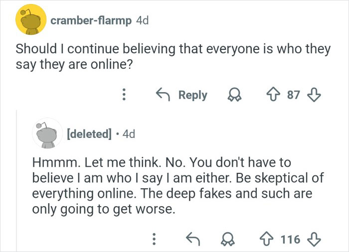 Reddit comments discussing skepticism about online identities and misinformation related to veganism discrediting efforts.