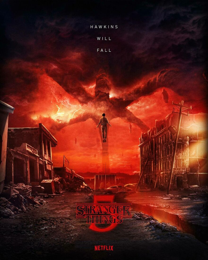 Stranger Things 5 poster with a giant creature in a fiery sky, showcasing unforgettable 2025 pop culture moments.