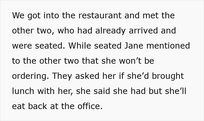 Text excerpt showing a woman staying firm under social pressure from coworkers about not ordering food at lunch. Text excerpt showing a woman staying firm under social pressure from coworkers about not ordering food at lunch.