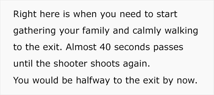 Text explaining the timing to calmly gather family and move to exit during a mass shooting survival situation. Text explaining the timing to calmly gather family and move to exit during a mass shooting survival situation.