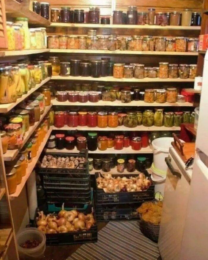 Pantry filled with jars of homemade pickles and preserves, onions in crates, common Eastern Europe food storage scene