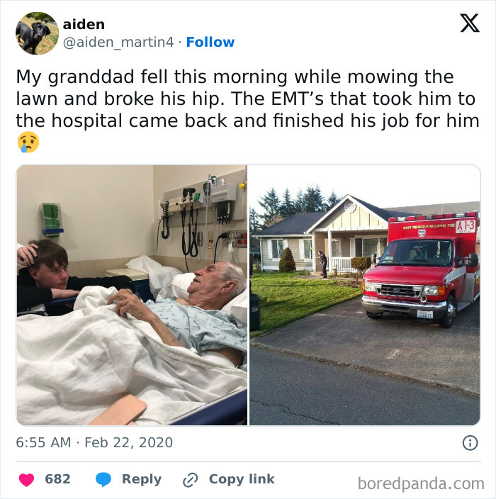 Elderly man in hospital bed cared for by family while EMTs finish mowing lawn outside, sweet and wholesome moment.
