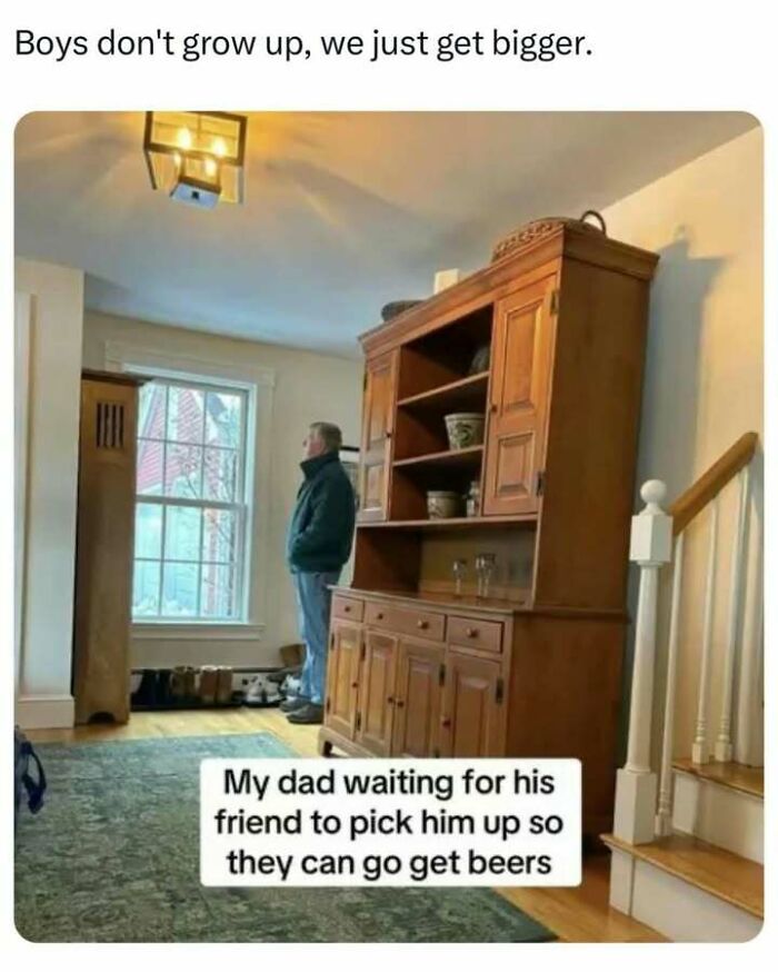 Man standing by window captioned about dads waiting for a friend, a funny meme included in hilarious memes collection.