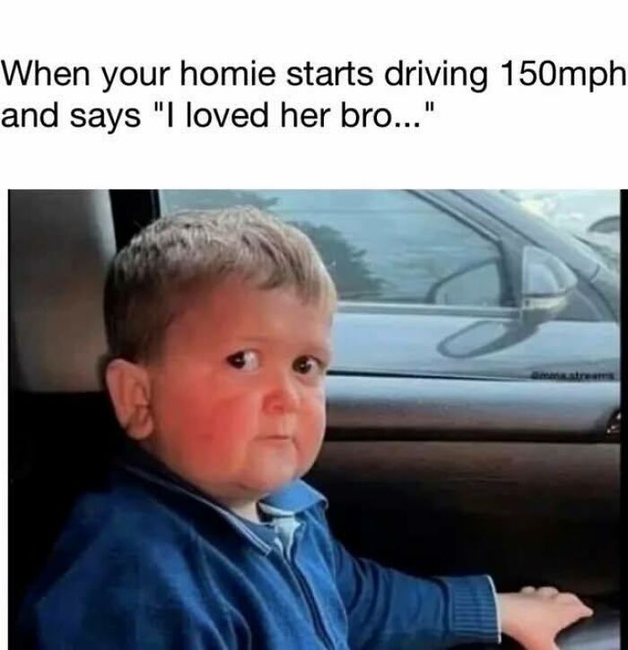 Young boy in a car looking concerned, captioned with a funny meme about driving and unexpected confessions.