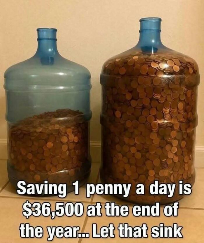 Two large water jugs filled with pennies illustrating saving money meme for hilarious memes about stress relief.