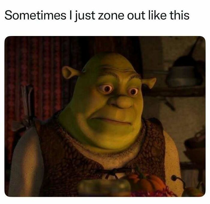 Shrek looking zoned out and thoughtful in a dimly lit room, a funny meme for stress relief and hilarious memes.