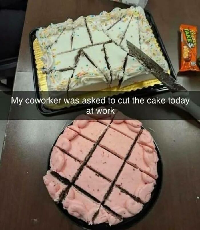 Two cakes on a table cut unevenly with awkward slices, illustrating funny stress-relief memes at work.