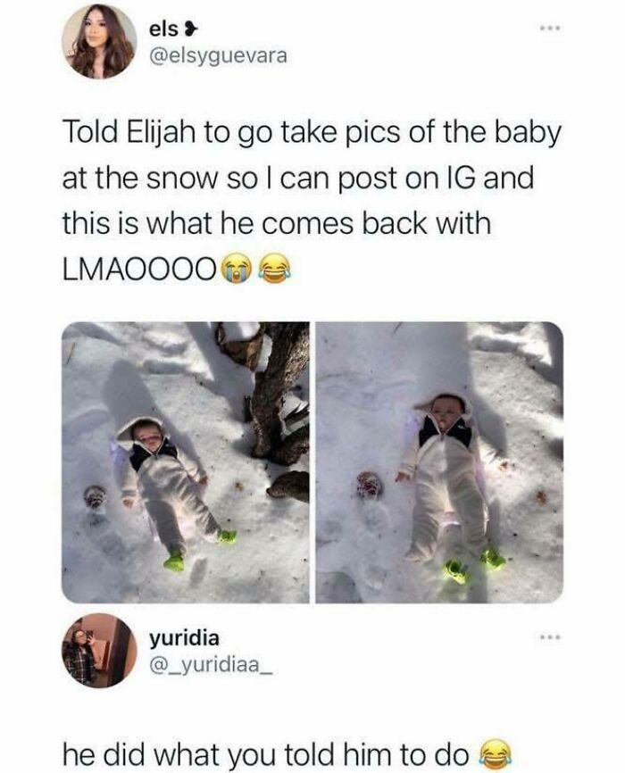 Baby lying in snow making funny meme with text about hilarious memes that ease stress and bring laughter.