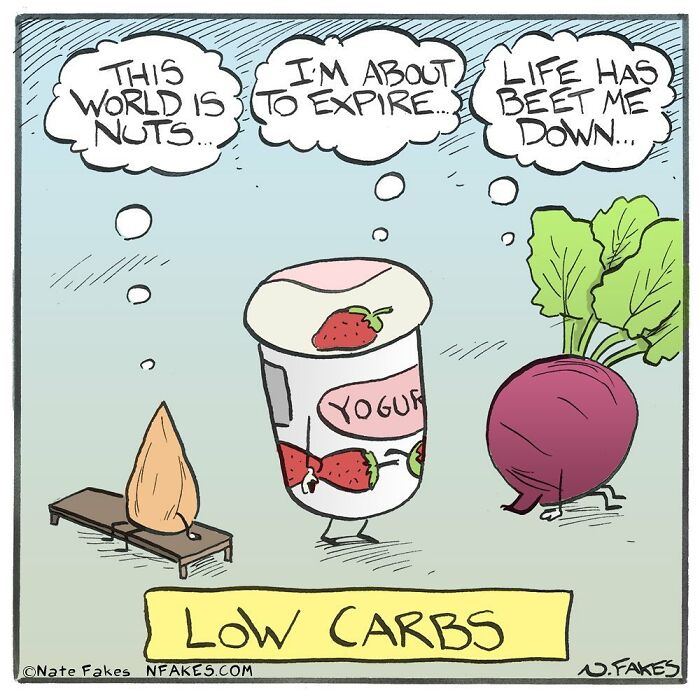 Cartoon by Nate Fakes depicting low carb foods with funny and relatable comic characters including yogurt, almond, and beet.