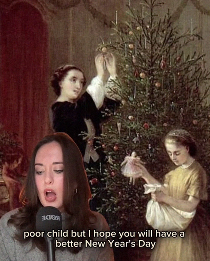 Woman reading a letter in front of a Victorian painting of children decorating a Christmas tree about worst Victorian boyfriend.