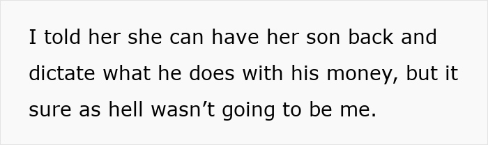 Text image showing a statement about an entitled mother and expenses split between son and girlfriend.